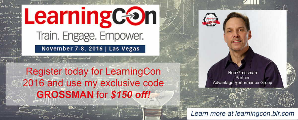 Sign up to attend LearningCon2016 with Rob's exclsuive discount code.