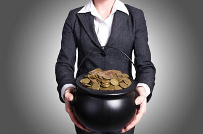 photo of business woman holding a pot full of coins