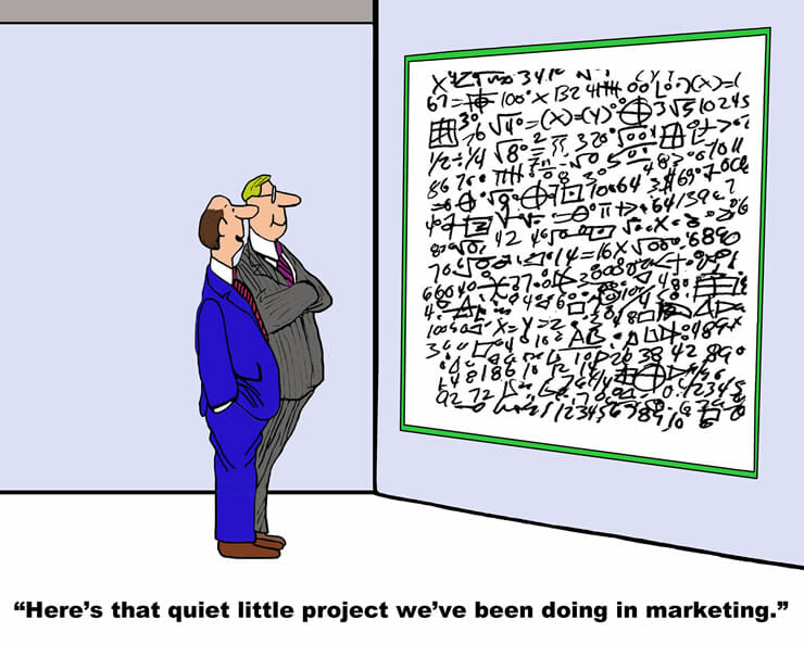 cartoon of businessmen looking at whiteboard covered in math formulas