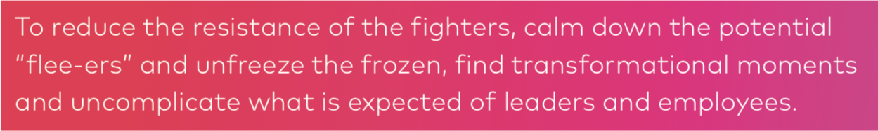 To reduce the resistance of the fighters, calm down the potential “flee-ers” and unfreeze the frozen, find transformational moments and uncomplicate what is expected of leaders and employees.