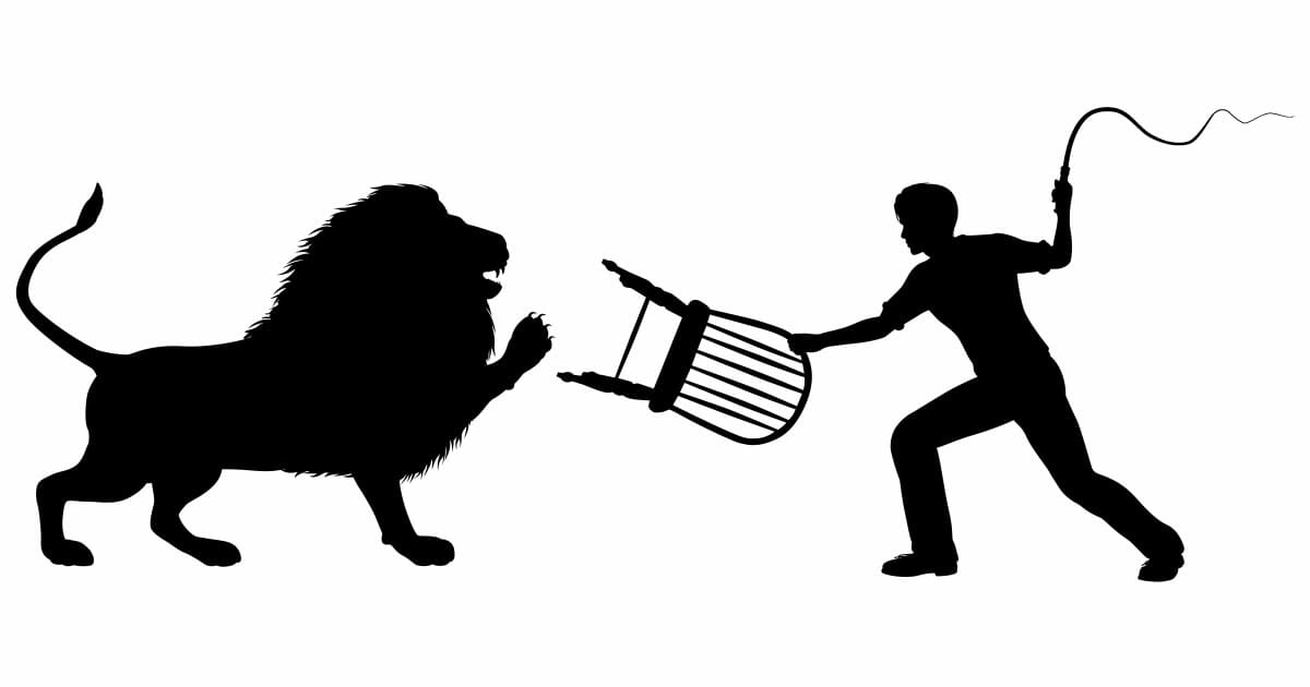 become a better influencer like a lion tamer - solhouette of lion and lion tamer graphic