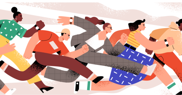Help them get there faster - career conversations employees want and organizations need more than ever - a webinar with Christine DiDonato (illustration of people running)