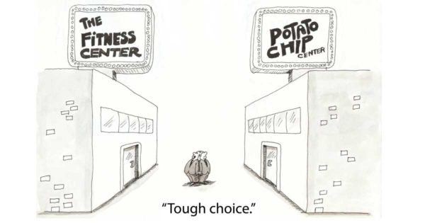 power of habits cartoon - fitness center, potato chip center - tough choice - Great Decision-Makers Use the Power of Habits