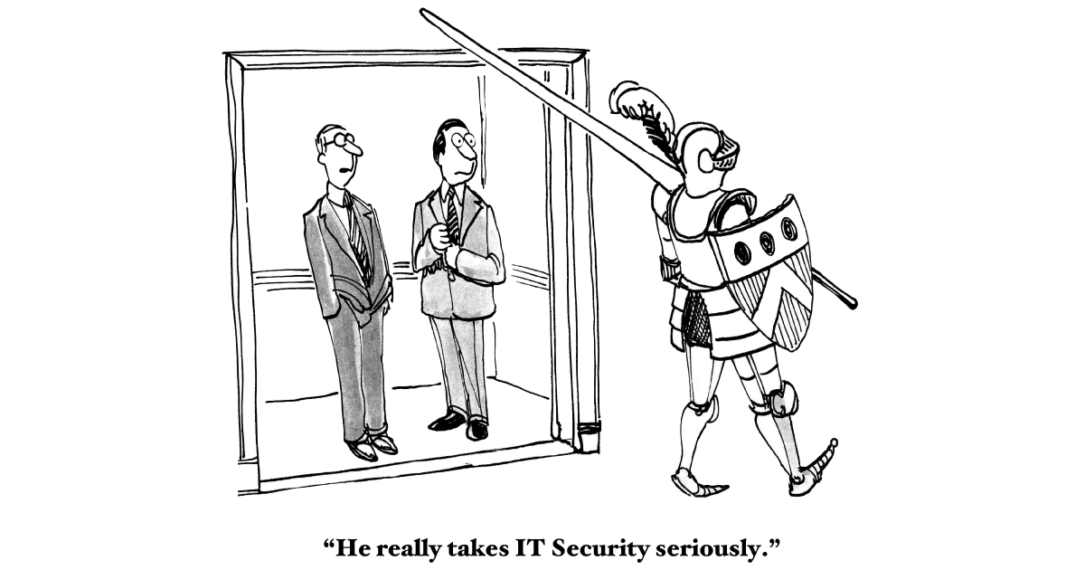 Decision-making traps and cybercrime: Cartoon of knight guarding office door - He really takes IT security seriously