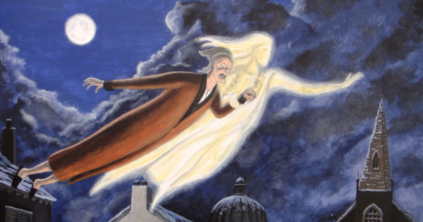 3 decision-making lessons from 'A Christmas Carol' (Scrooge and the Ghost of Christmas Past flying over a city)