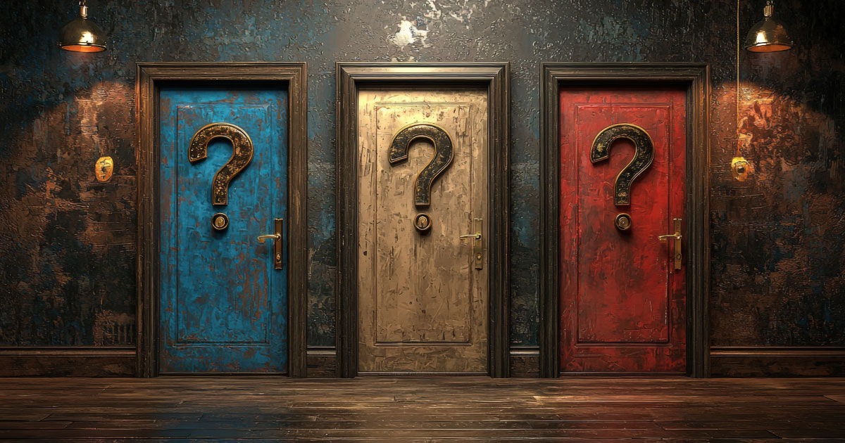 From ‘meh’ to meaningful: How escape games transform corporate training (A dark, mysterious room with a wooden floor and walls covered in textured dark wallpaper. Three doors are lined up next to each other , AI generated)