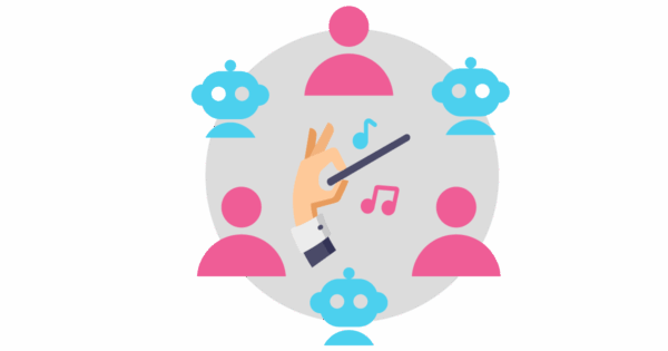 Talent Development Tuesday - Humans + AI, in tune (conductor with baton leading both humans and AI robots)