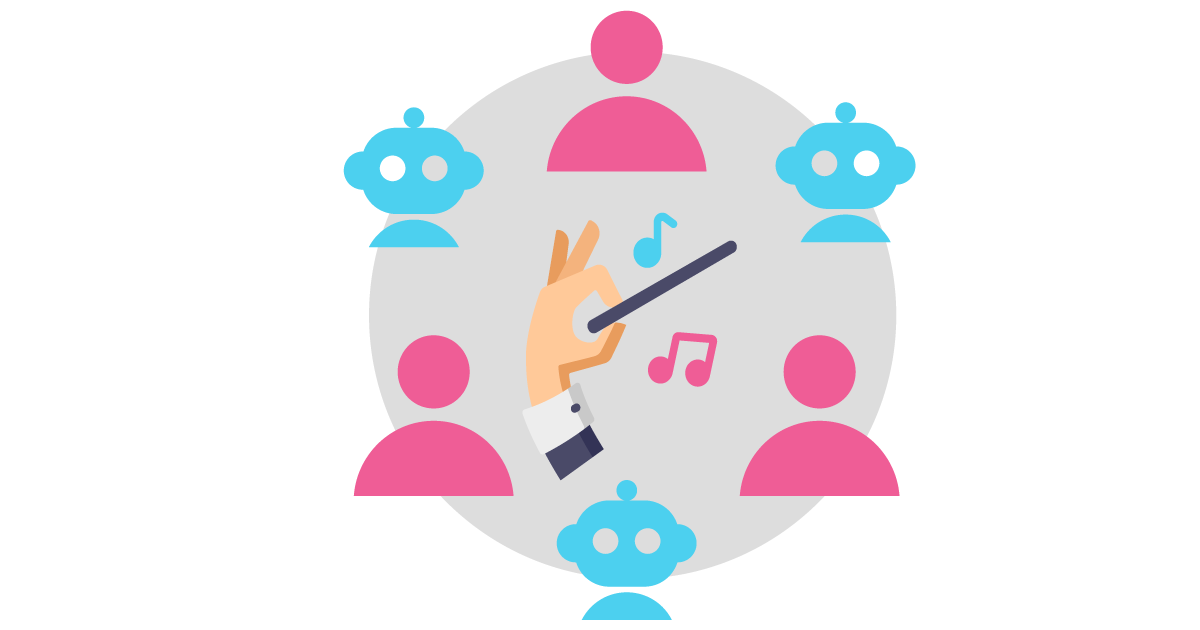 Talent Development Tuesday - Humans + AI, in tune (conductor with baton leading both humans and AI robots)