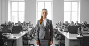 Requiem from a Robot: Conducting hybrid symphonies of humans + AI (female leader in a room full of robots) - AI generated