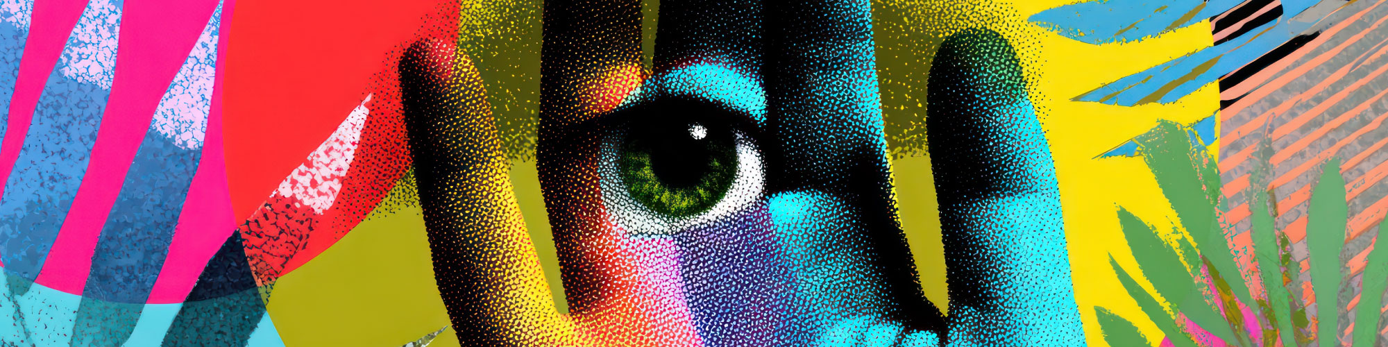 Vibrant, surreal composition featuring a hand with an eye at its center, over colorful abstract shapes 