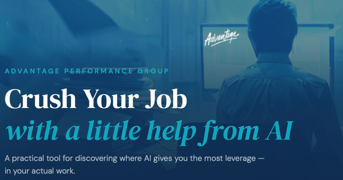 Crush your job.. with a little help from AI - A new tool from Advantage Performance Group (Overwhelmed by paperwork. A man sits at his desk, surrounded by stacks of paperwork as documents swirl ominously above him, illustrating the crushing pressure of work overload.)