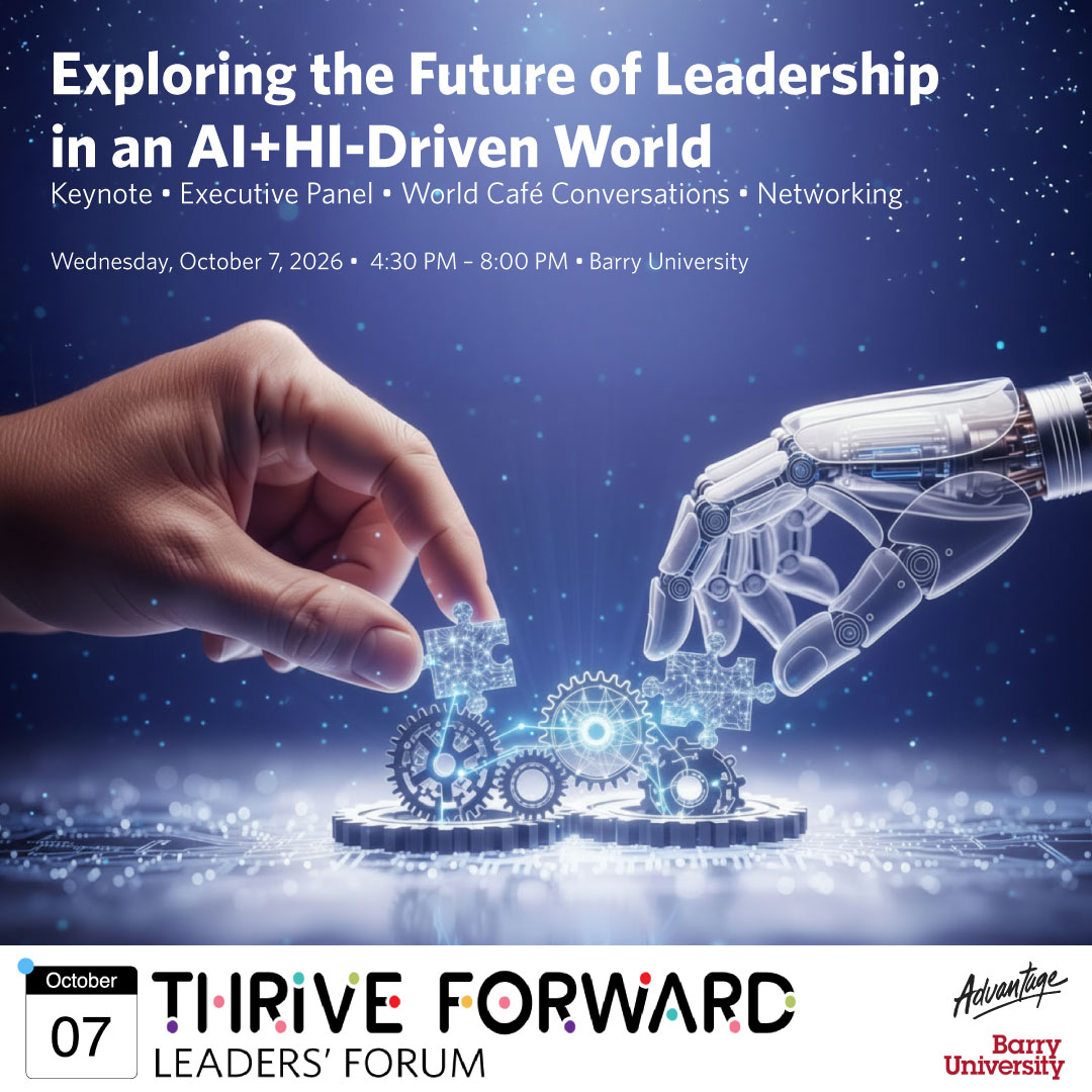 October 7: Exploring the Future of Leadership in an AI+HI-Driven World (human and AI hands working together)